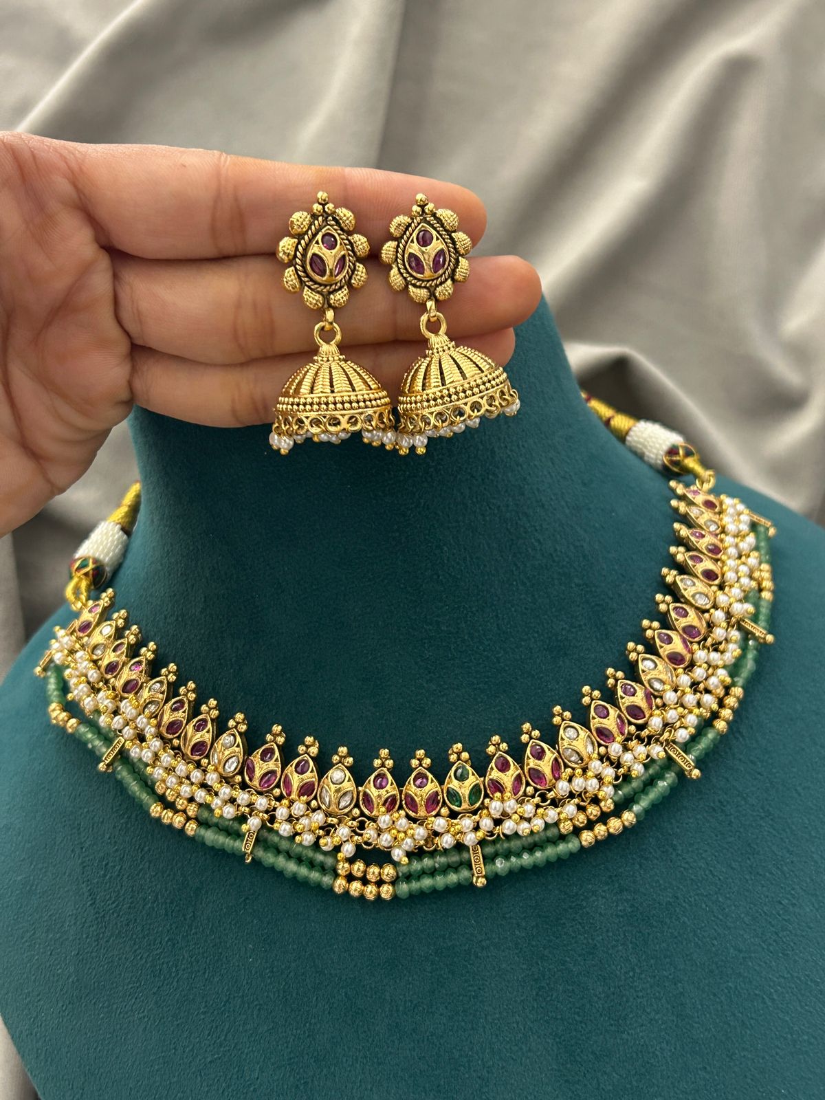 Gold Temple Choker Necklace Set – Ruby & Emerald Beaded Design with Jhumka Earrings